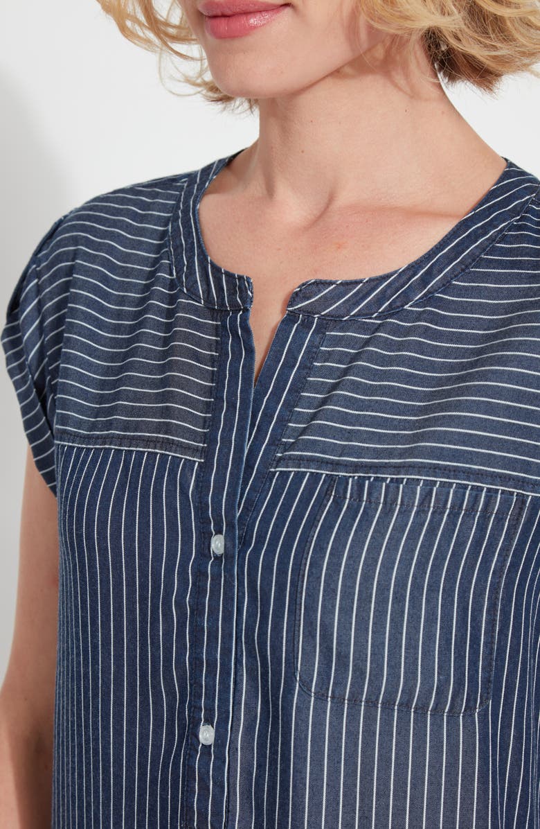 Lysse Delilah Pinstripe Popover Twill Top, Alternate, color, Indigo Ledger Stripe