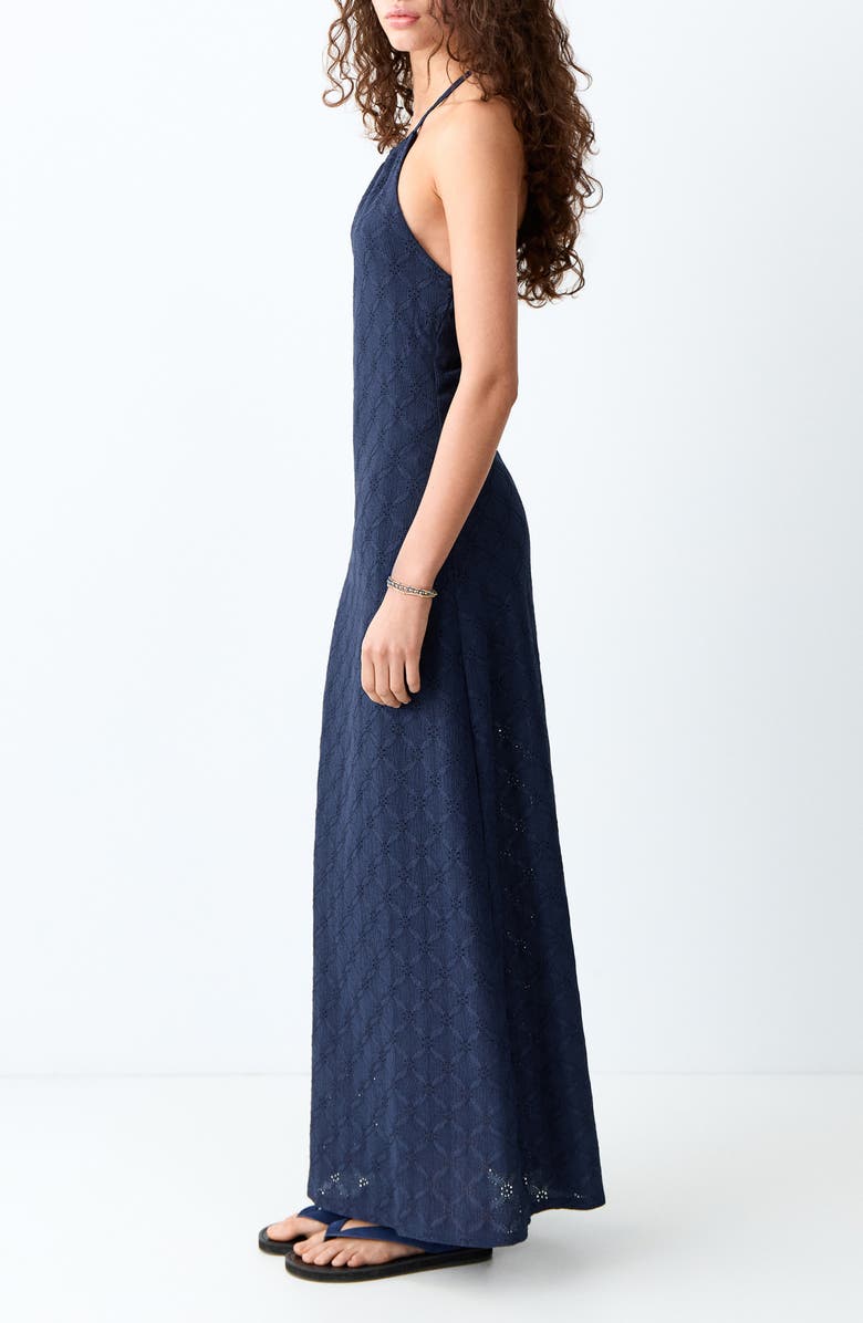 MANGO TEEN Embroidered Halter Neck Denim Maxi Dress, Alternate, color, Navy