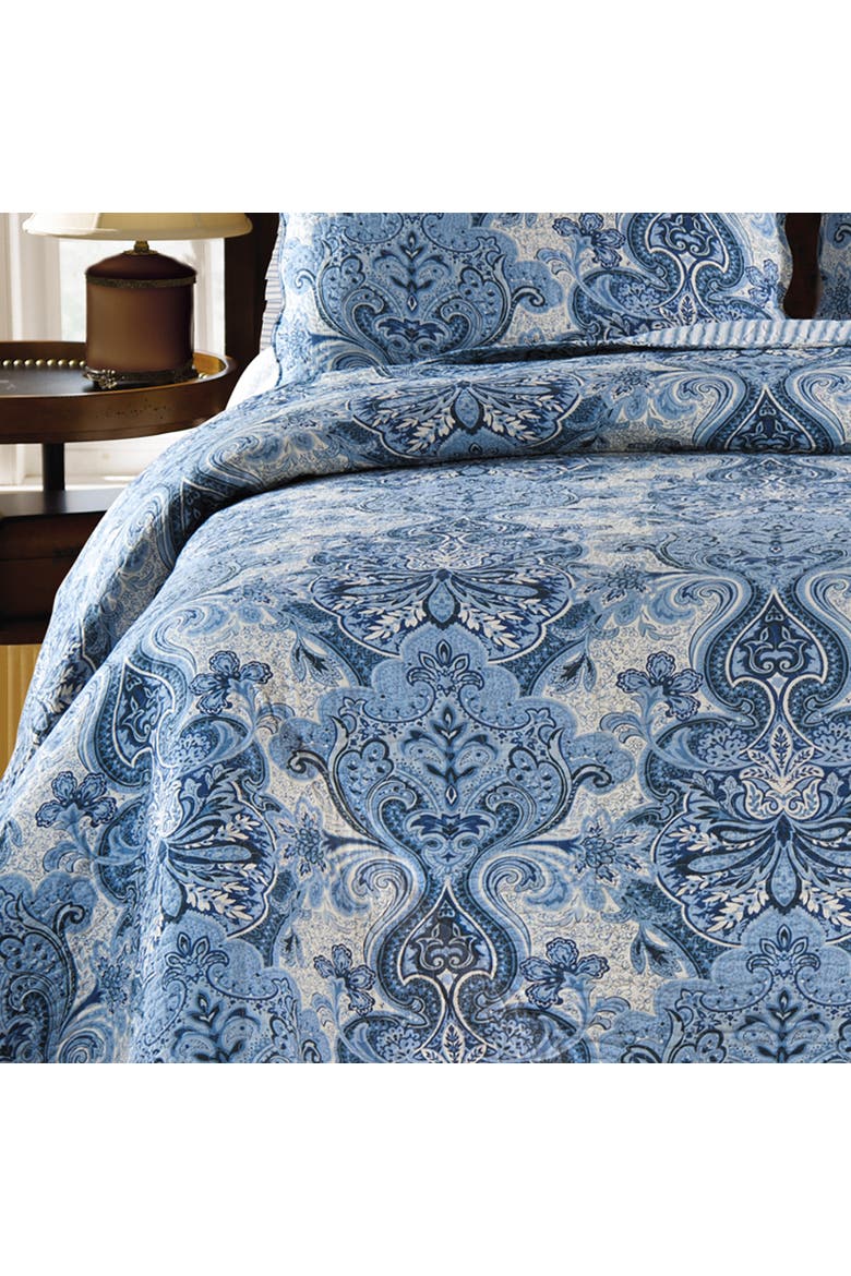 Navy Damask Floral Vintage Bed Quilt - Machine Washable Reversible, Alternate, color, Blue