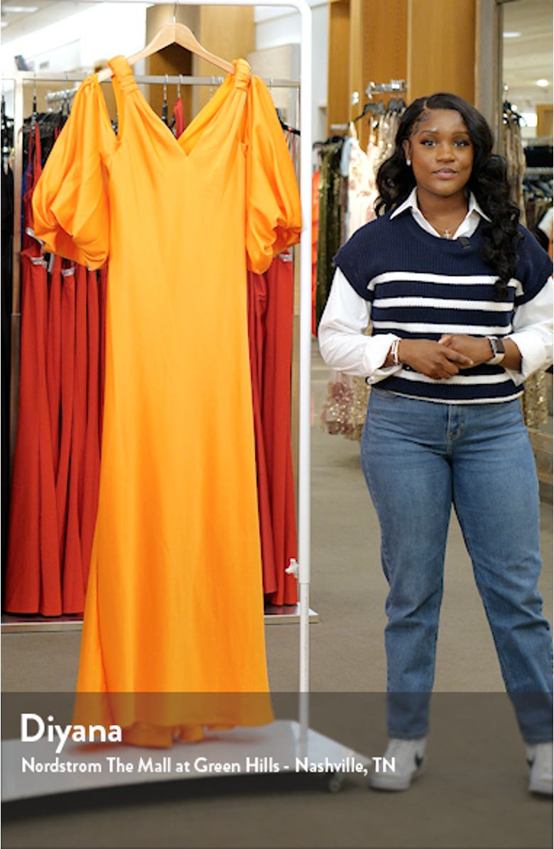 Binnie Cold Shoulder Long Sleeve Satin Gown, sales video thumbnail