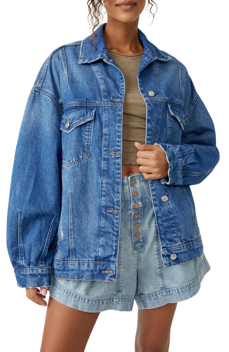 Free People All In Oversize Distressed Denim Trucker Jacket, Main, color,