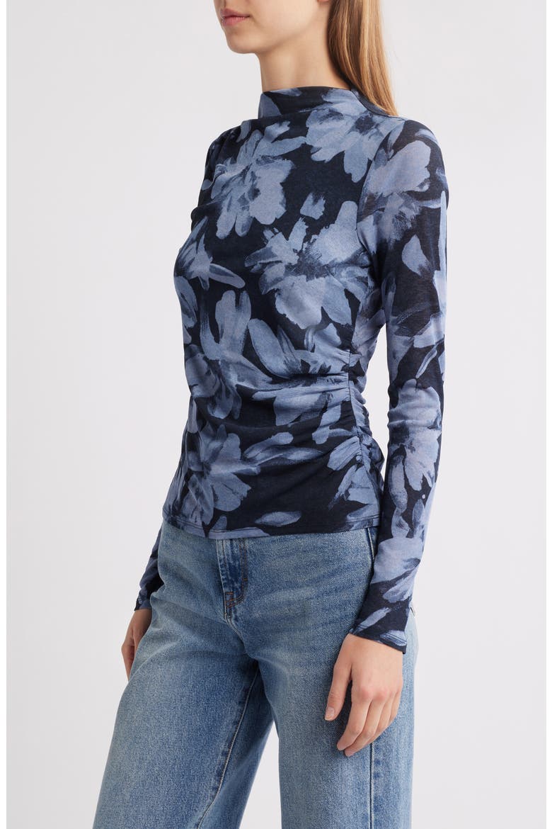 Joelle Floral Ruched Mesh Funnel Neck Top, Alternate, color, MIDNIGHT LILY