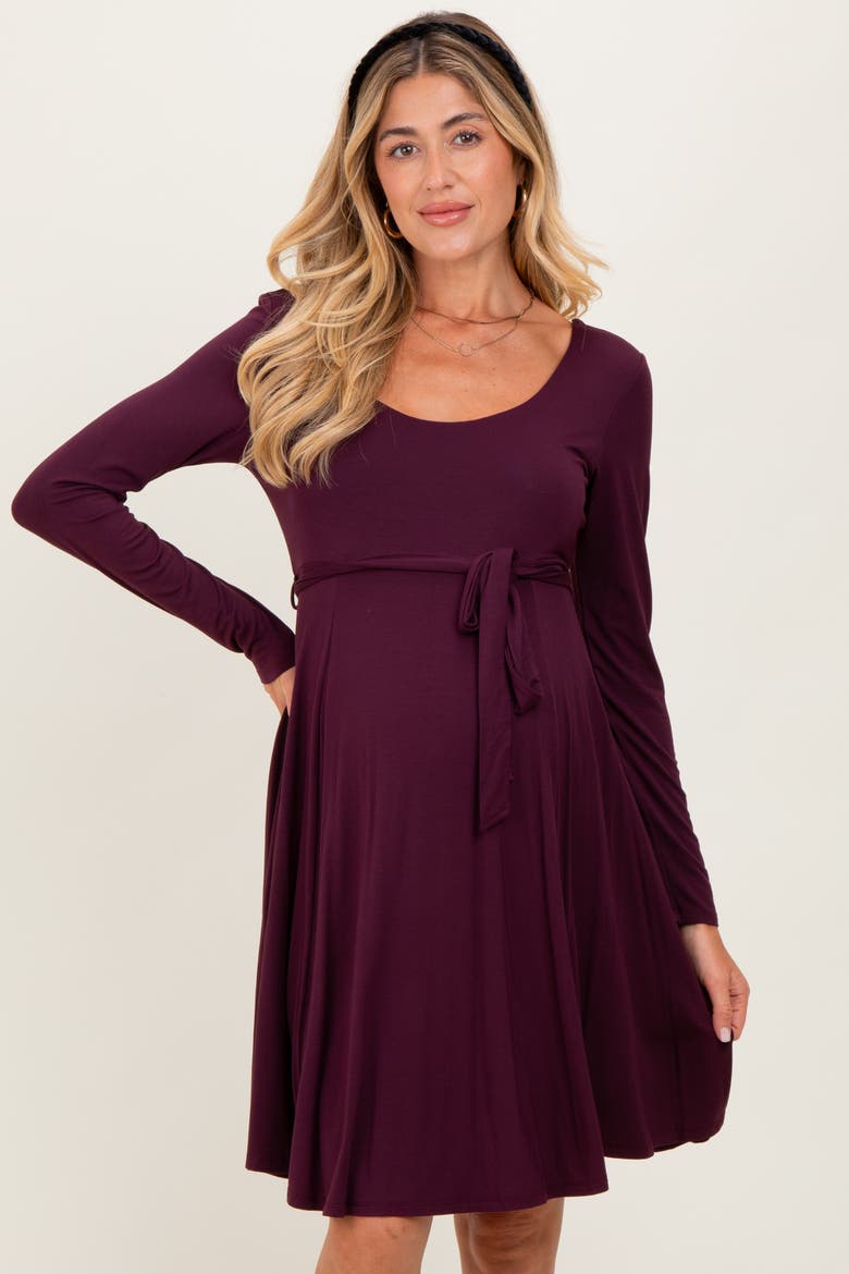 Scoop Neck Long Sleeve Waist Tie Dress, Alternate, color, Plum