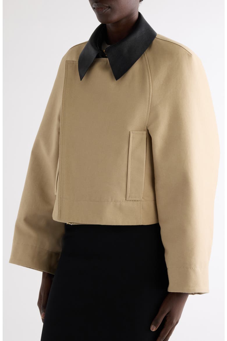 Leather Collar Gabardine Crop Trench Jacket, Alternate, color, BEIGE