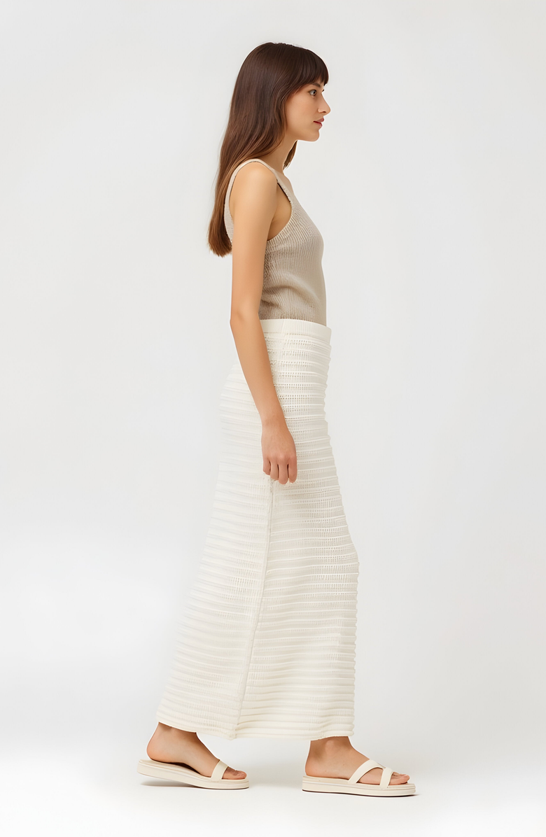 Modenaire Textured Knit Midi Skirt with Ribbed Stripe Pattern and Back Slit, Alternate, color, Off-White