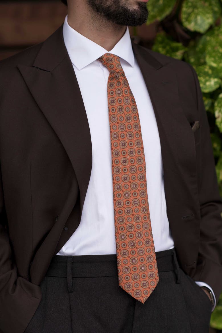 Farnese - Printed Madder Silk Tie for Men, Alternate, color, Orange