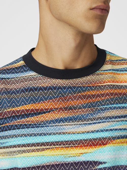 Missoni Cotton Crewneck T-shirt With Slub Zigzag Print In Blue