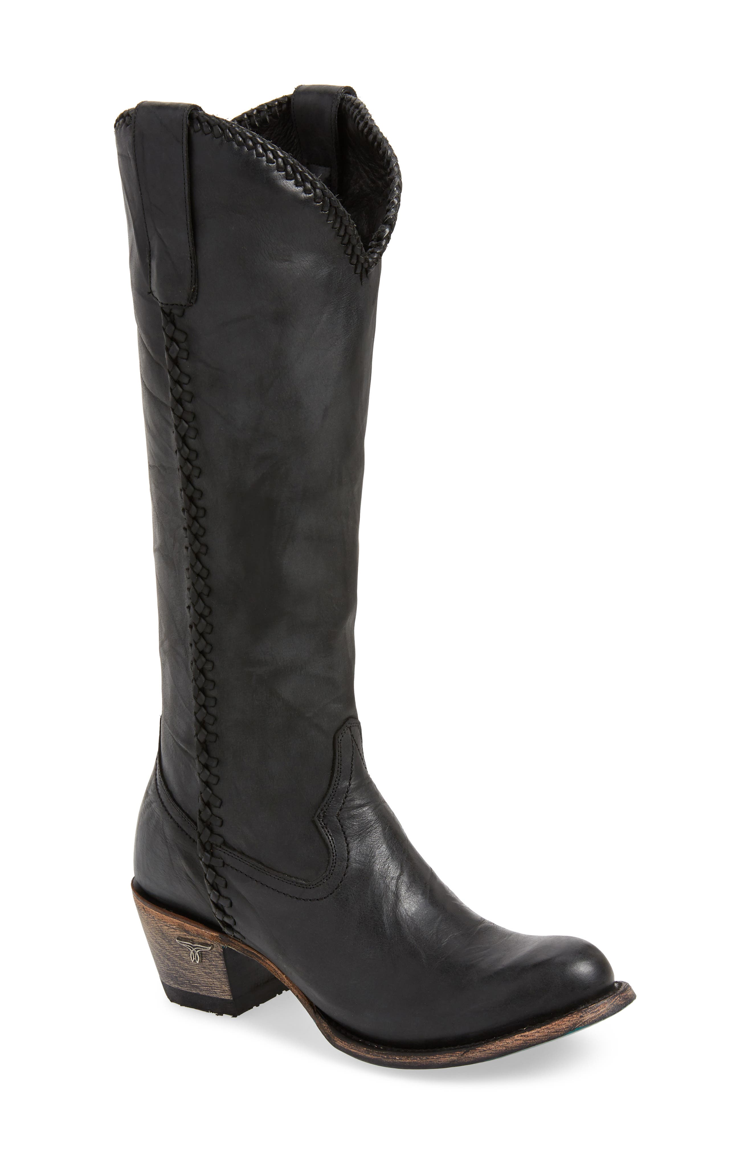 Plain Jane Knee High Western Boot, Main, color, BLACK LEATHER