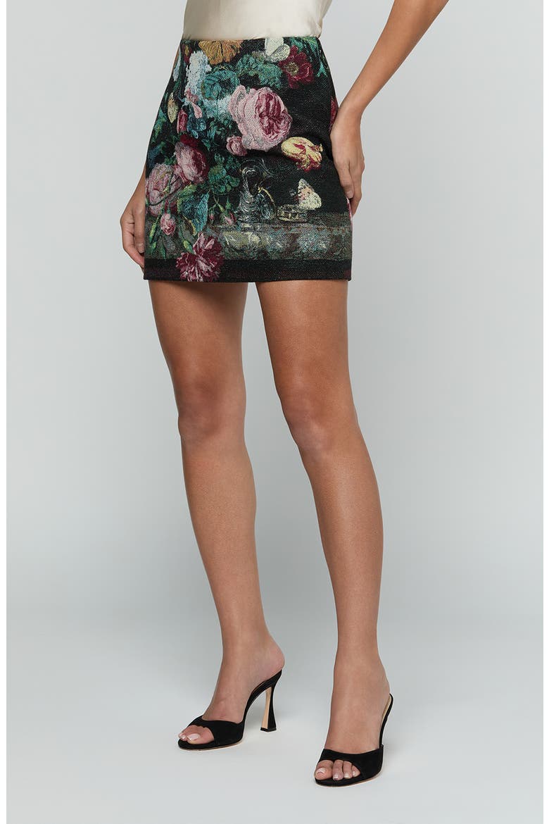 Marseille Floral Tapestry Cotton Blend Miniskirt, Alternate, color, BLACK MULTI ROSE VASE TAPESTRY