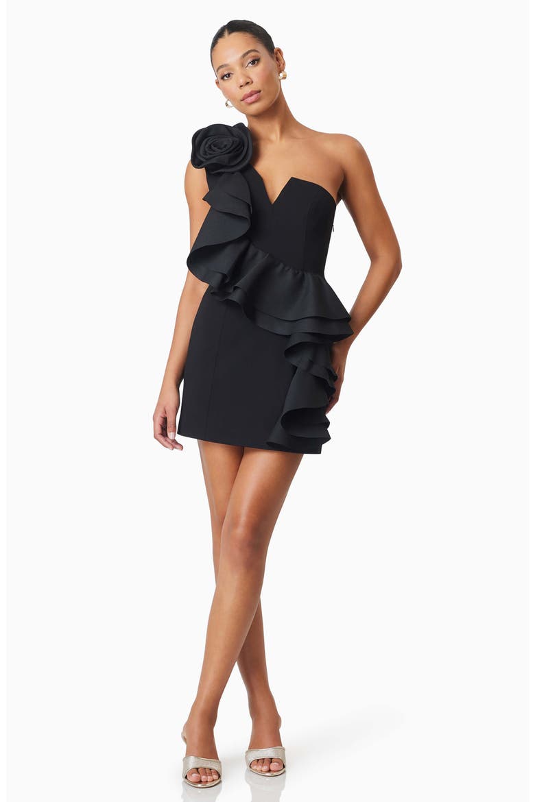 Halona Floral Detail One-Shoulder Cocktail Minidress, Alternate, color, BLACK