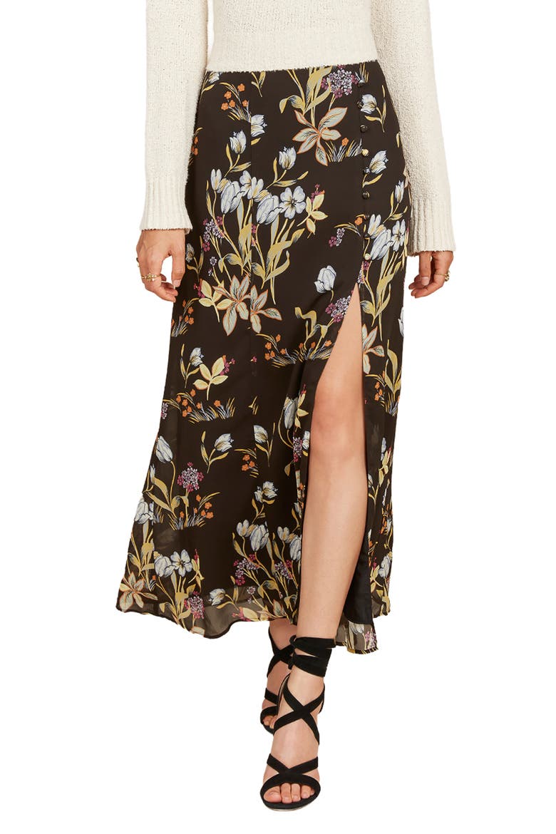 Floral-Printed Button Chiffon Maxi Skirt, Main, color, BLACK