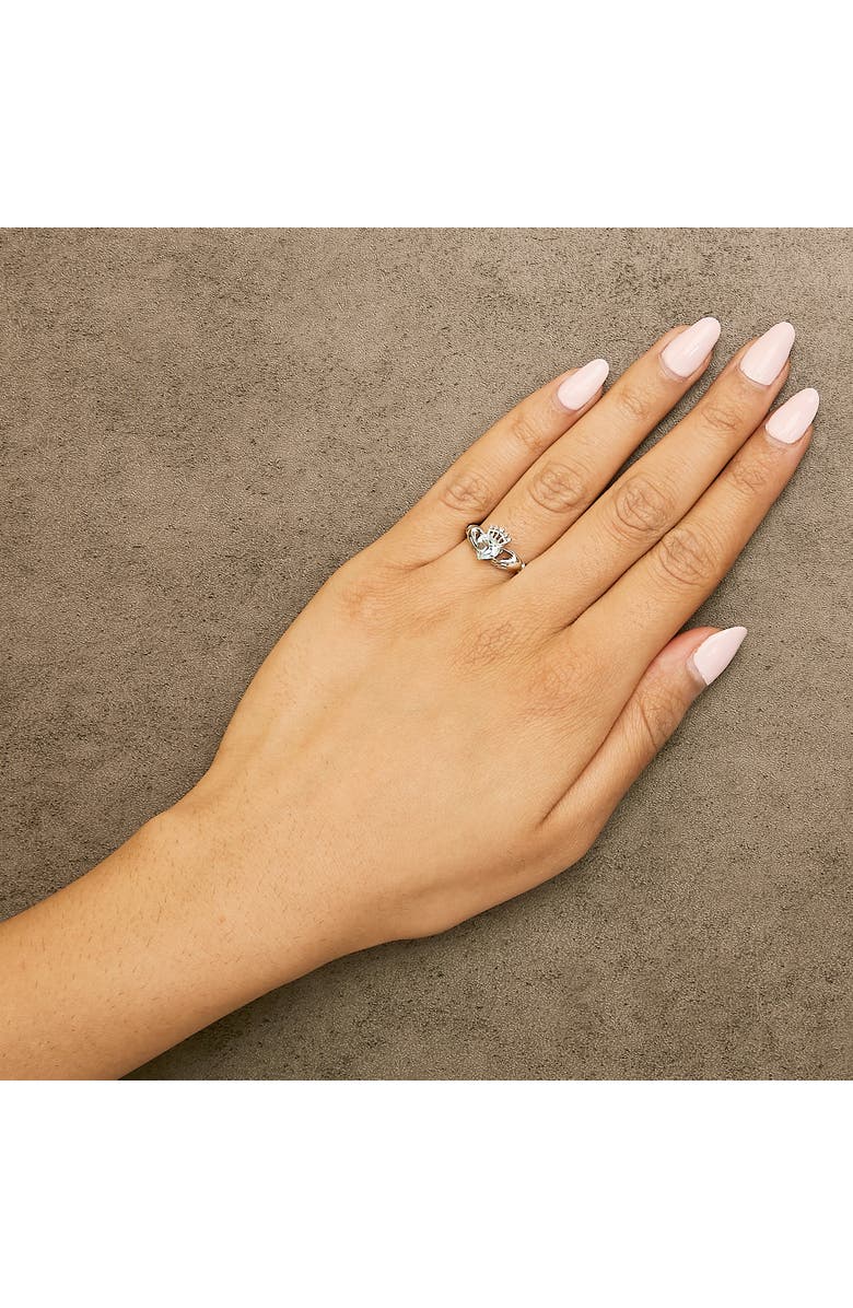 Haus of Brilliance Sterling Silver Blue Topaz Heart Claddagh Ring, Alternate, color, Silver