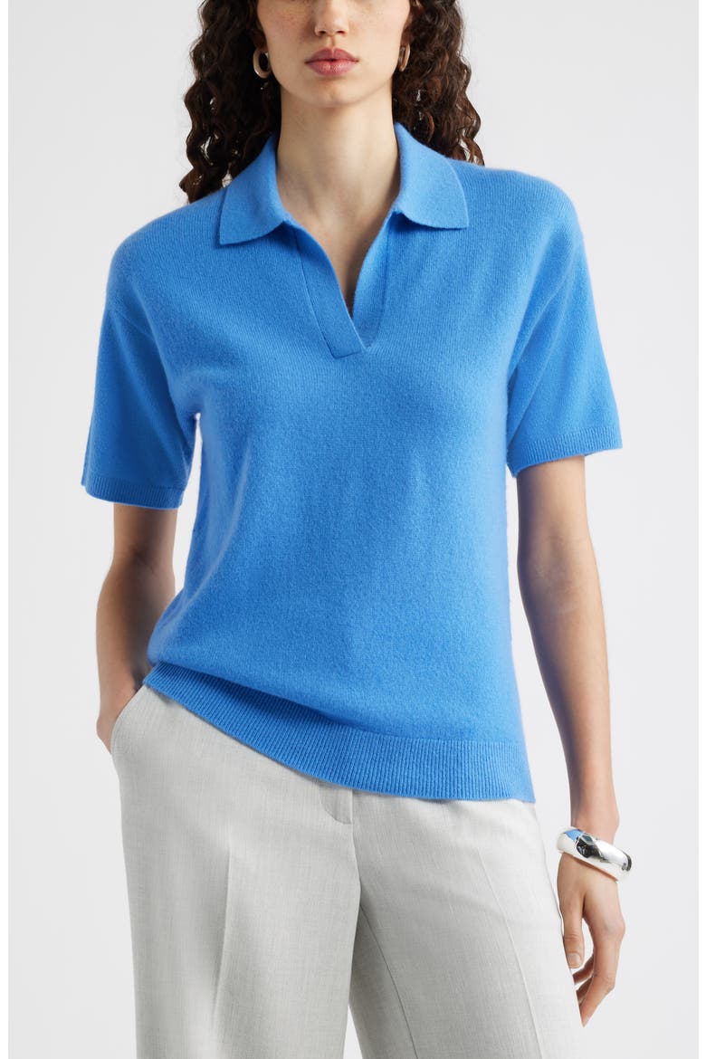 Cashmere Johnny Collar Short Sleeve Sweater, Main, color, BLUE STREAM