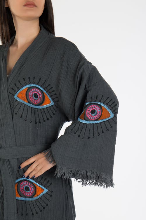 Forever & Always Shoes Aria Evil Eye Handmade Cotton Kimono In Dark Grey