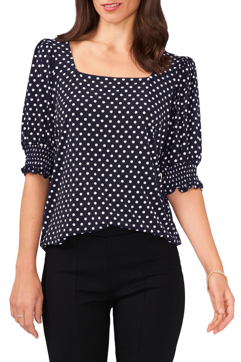 Square Neck Smocked Sleeve Blouse, Main, color, NAVY/WHITE
