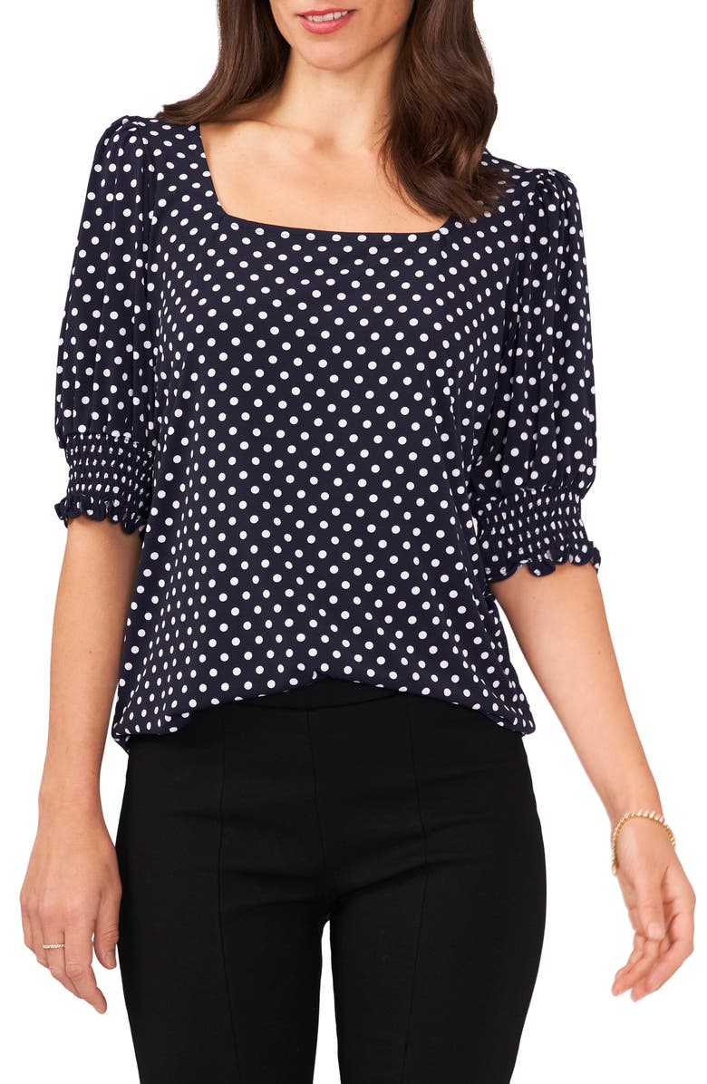 Chaus Square Neck Smocked Sleeve Blouse, Main, color, Navy/ White