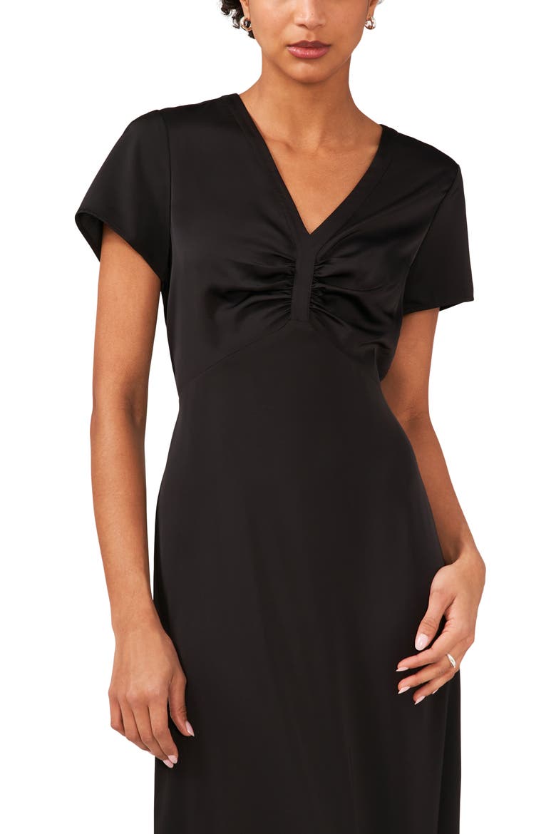 Ruched V-Neck Midi Dress, Alternate, color, RICH BLACK