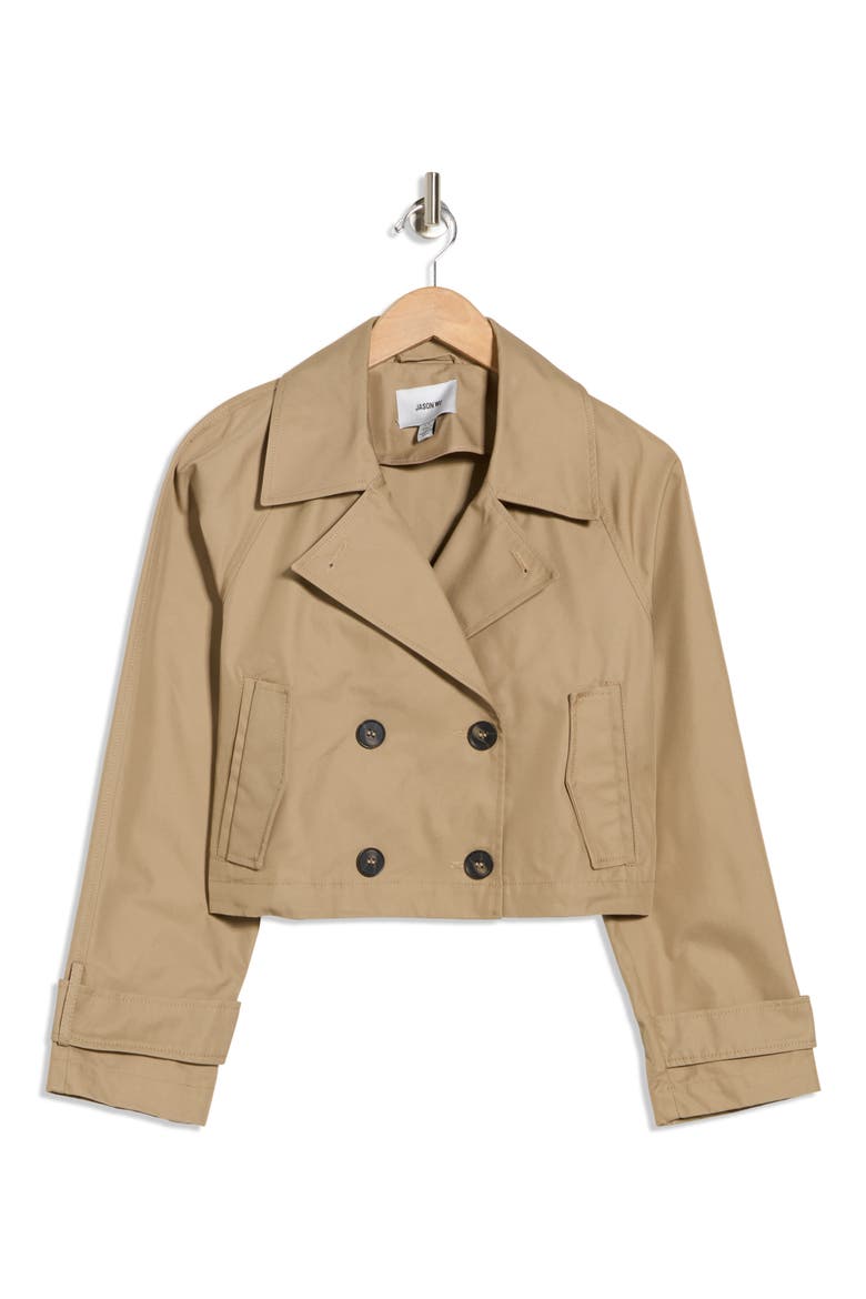 Double Breasted Crop Trench Coat, Alternate, color, KHAKI