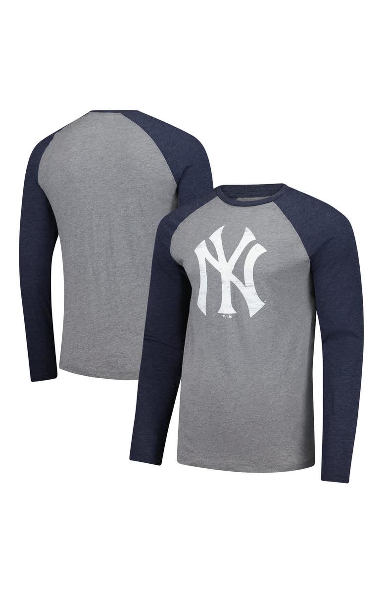 FANATICS Men's Fanatics Heather Gray/Heather Navy New York Yankees Weathered Logo Tri-Blend Raglan Long Sleeve T-Shirt, Main, color, Heather Gray