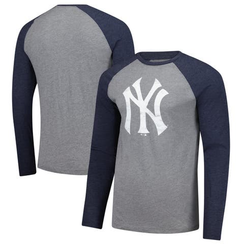 Men's Fanatics Heather Gray/Heather Navy New York Yankees Weathered Logo Tri-Blend Raglan Long Sleeve T-Shirt