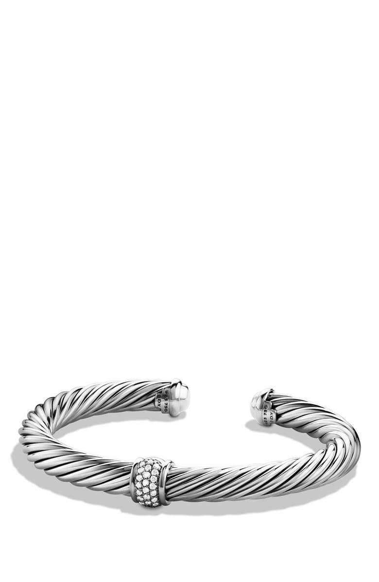 David Yurman Classic Cable Station Bracelet in White Gold and Pavé Diamonds, 7mm, Main, color, 