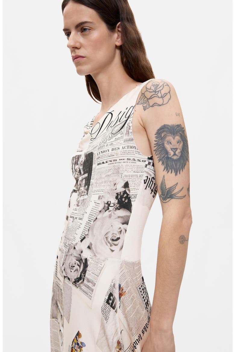 Newspaper Print Handkerchief Hem Dress, Alternate, color, WHITE