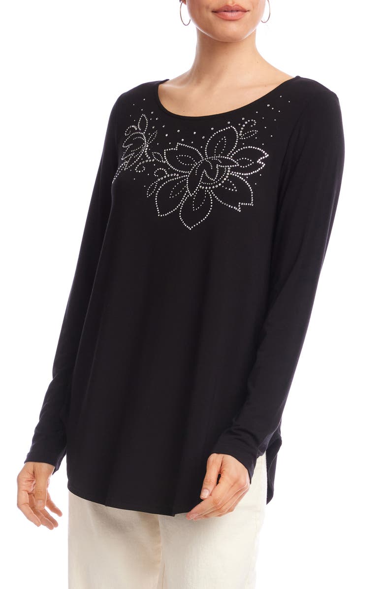 Karen Kane Embellished Floral Shirttail Top, Alternate, color, Black