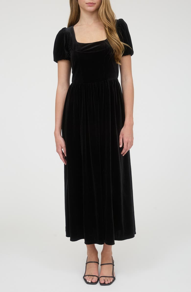 AUGUST SKY Puff Sleeve Velvet Fit & Flare Midi Dress, Main, color, Black