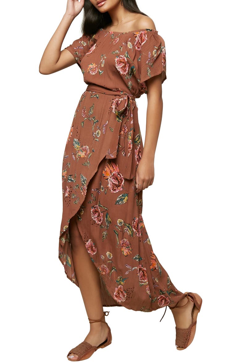 Conners Off the Shoulder Midi Dress, Alternate, color, COGNAC