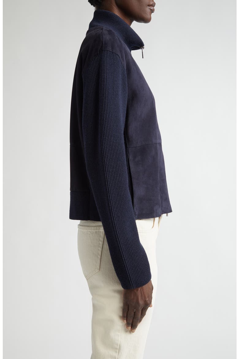 Suede & Wool Knit Cardigan Bomber Jacket, Alternate, color, INK