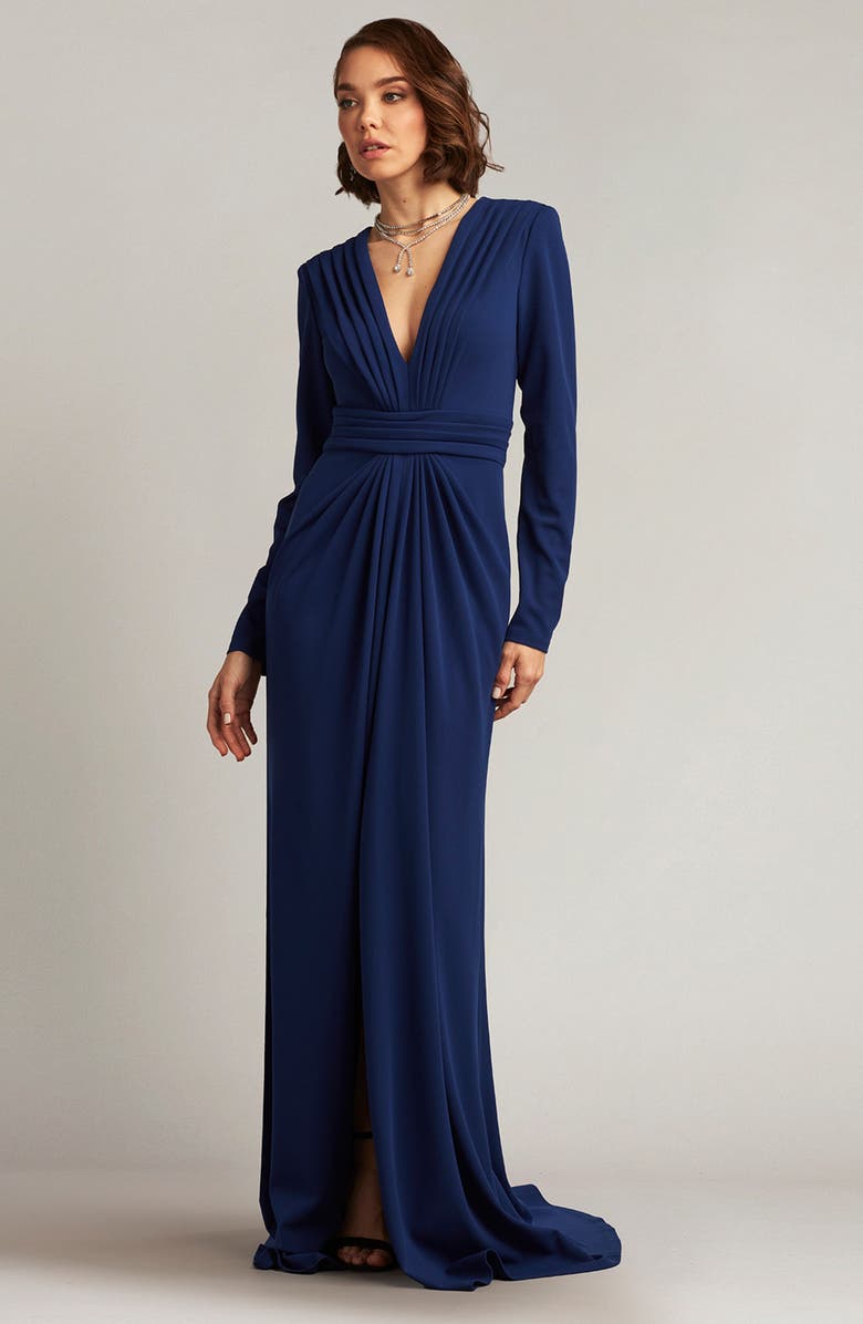 Tadashi Shoji Plunge Neck Long Sleeve Ruched Crepe Gown, Alternate, color, 