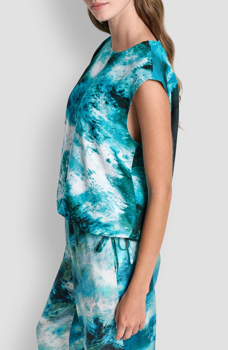 DKNY Brushstroke Print Drawstring Waist Linen Top, Alternate, color, Tidal Brushstroke