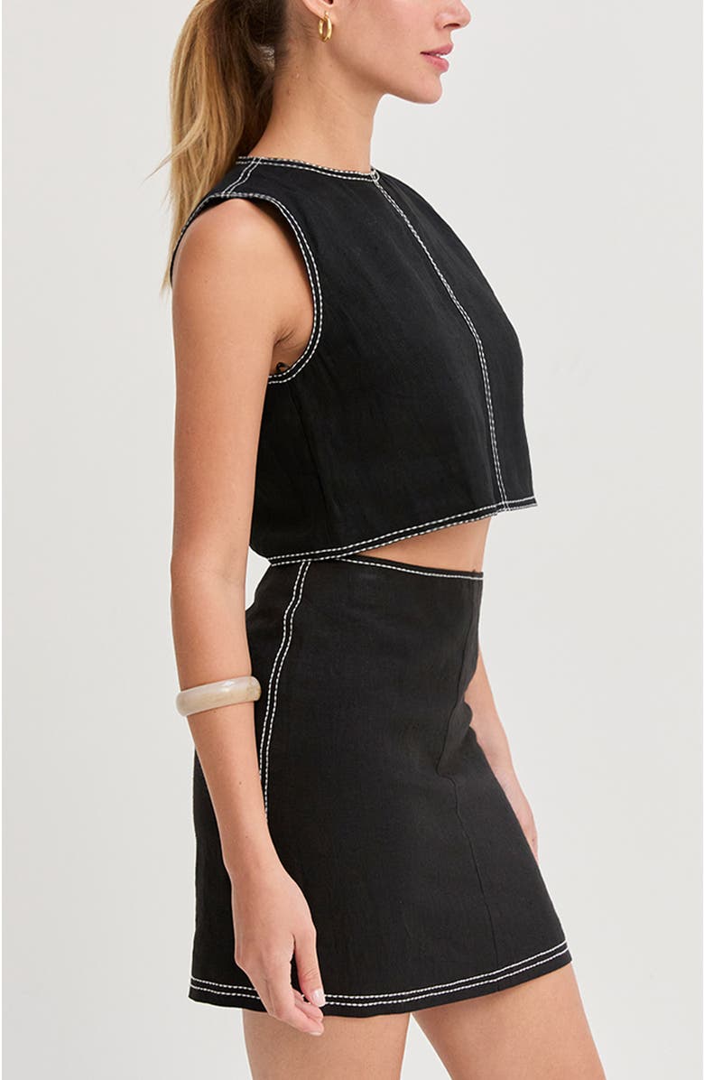 CRESCENT Embroidered Contrast Stitch  Linen Crop Top, Alternate, color, Black