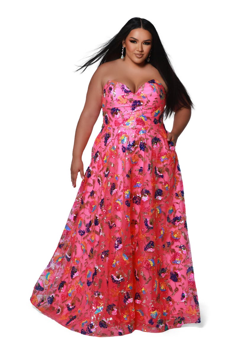 Johnathan Kayne for Sydney's Closet Strapless Sweetheart Neckline Plus Size A-Line Evening Gown, Main, color, Bubblegum