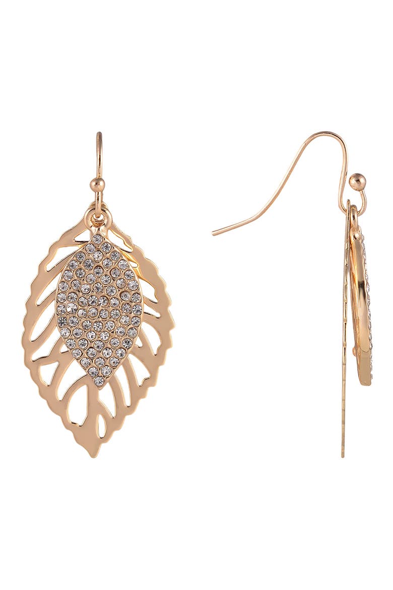 Pavé Open Leaf Drop Earrings, Alternate, color, GOLD