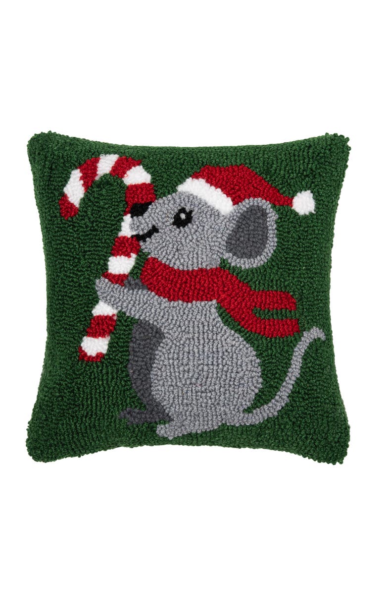 C&F Home Christmas Mouse Hooked Pillow, 12" x 12", Main, color, Grey