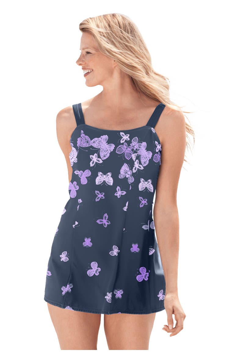 Princess Seam Bandeau Tummy Control A Line Swim Dress, Main, color, OMBRE BUTTERFLY