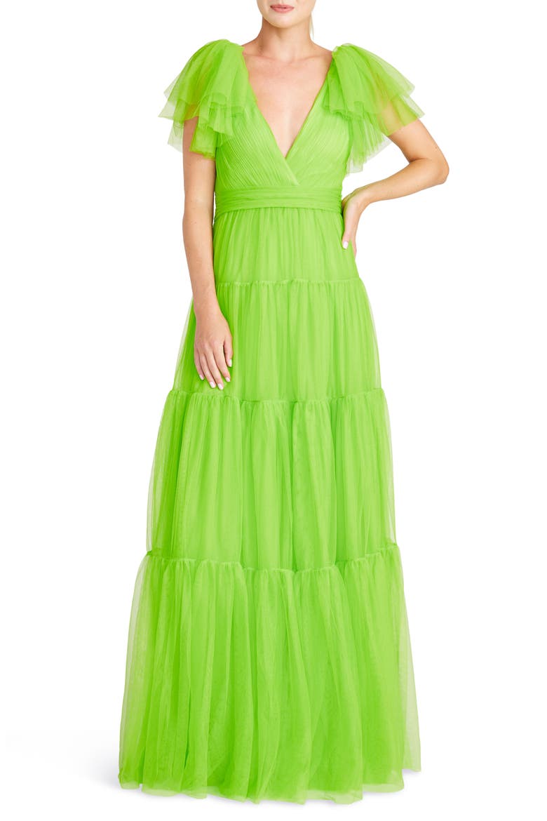 Flutter Sleeve Tiered Tulle Gown, Main, color, HALCYON GREEN