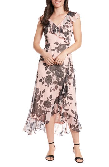 London Times Floral Ruffle Sleeveless Faux Wrap Maxi Dress In Blush/black