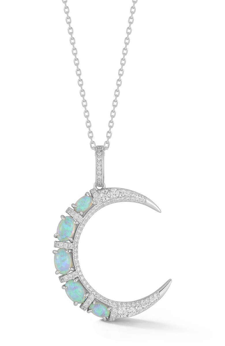 GLAZE JEWELRY Cubic Zirconia & Synthetic Opal Moon Pendant Necklace, Main, color, Silver
