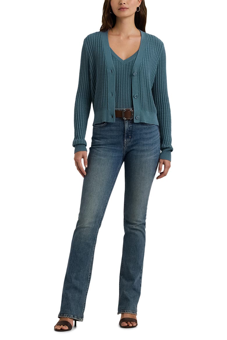Crop Cotton Blend Cardigan, Alternate, color, BLUE DUSK