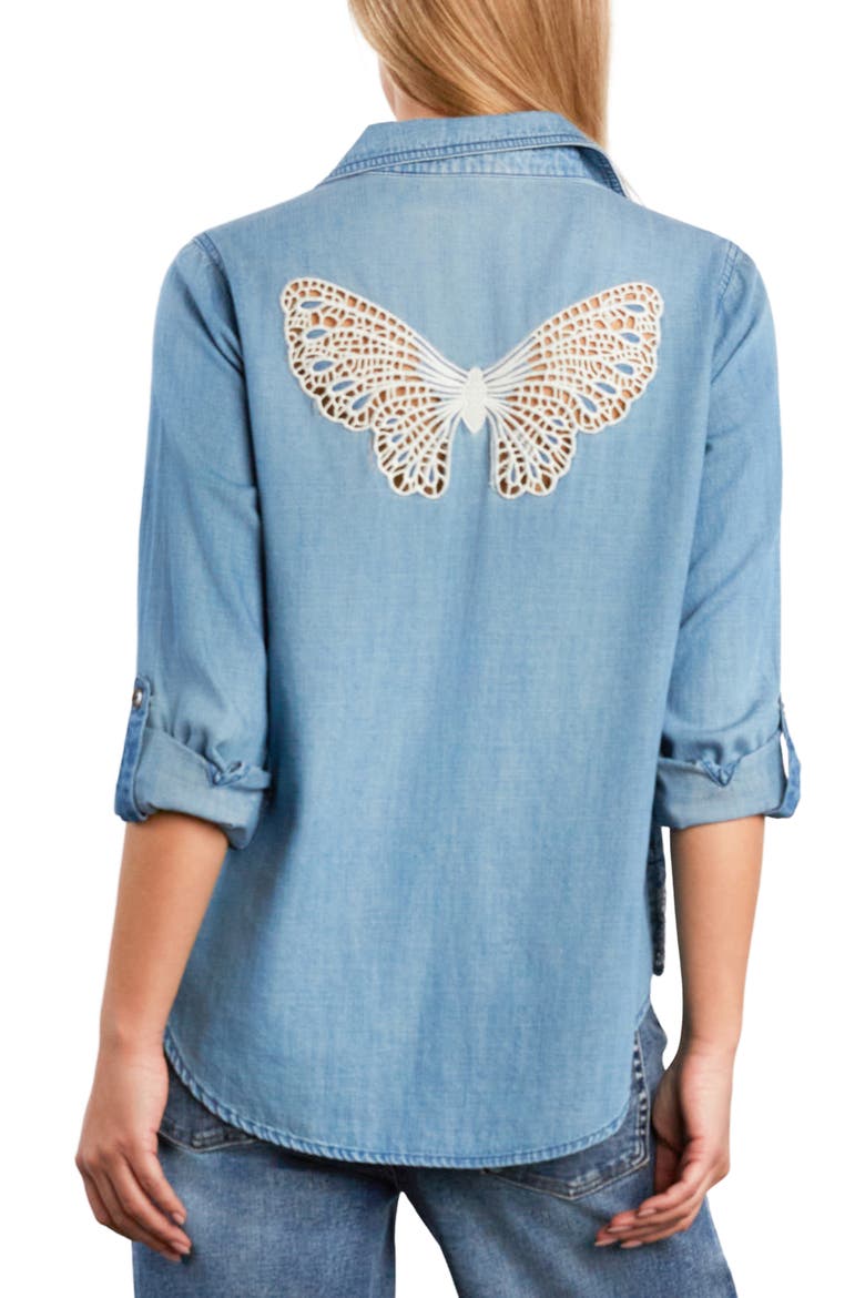 Eyelet Butterfly Button-Up Shirt, Alternate, color, WASHED DENIM