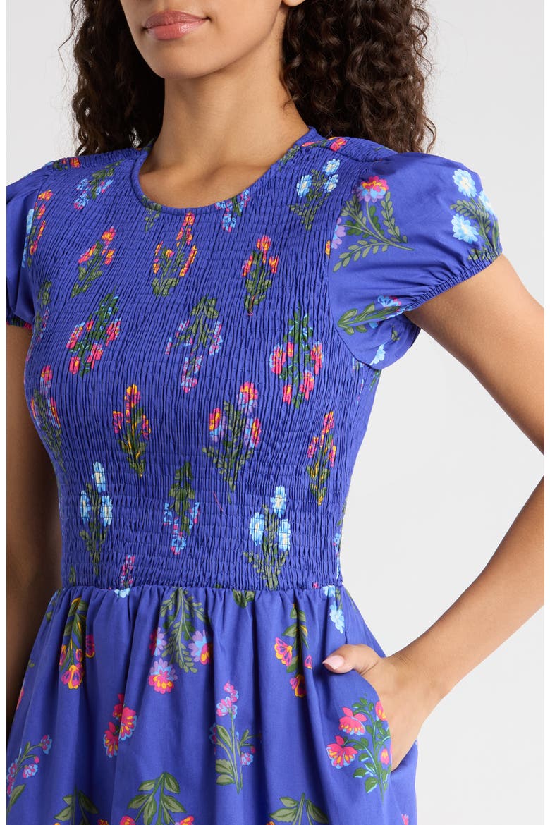 Clemen Ansel Floral Smocked Bodice Tiered Cotton Dress, Alternate, color, NAVY