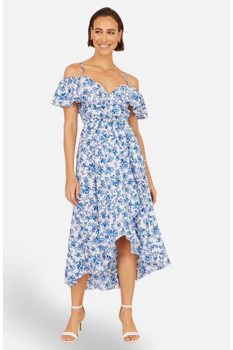 Floral Print Bardot Midi Dress, Main, color, Blue