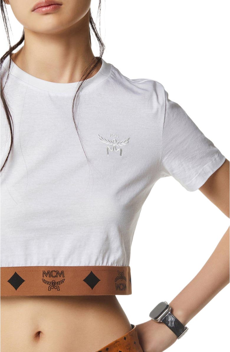 MCM Monogram Cropped T-Shirt in Organic Cotton, Alternate, color, White