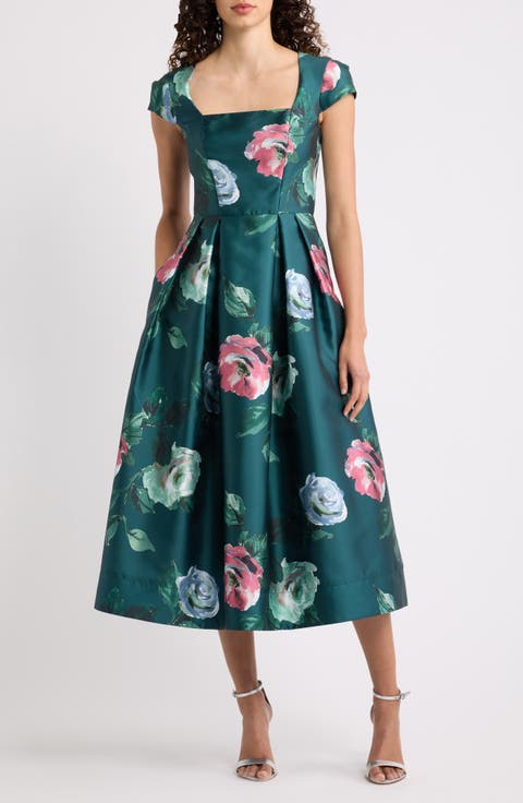 Floral Cap Sleeve Fit & Flare Satin Midi Dress