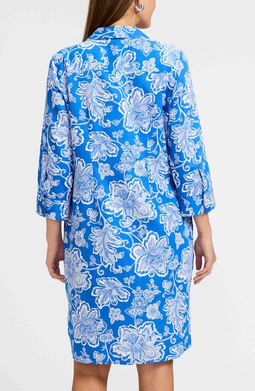 Foxcroft Rocca Floral Print Belted Shirtdress In Cobalt Blue