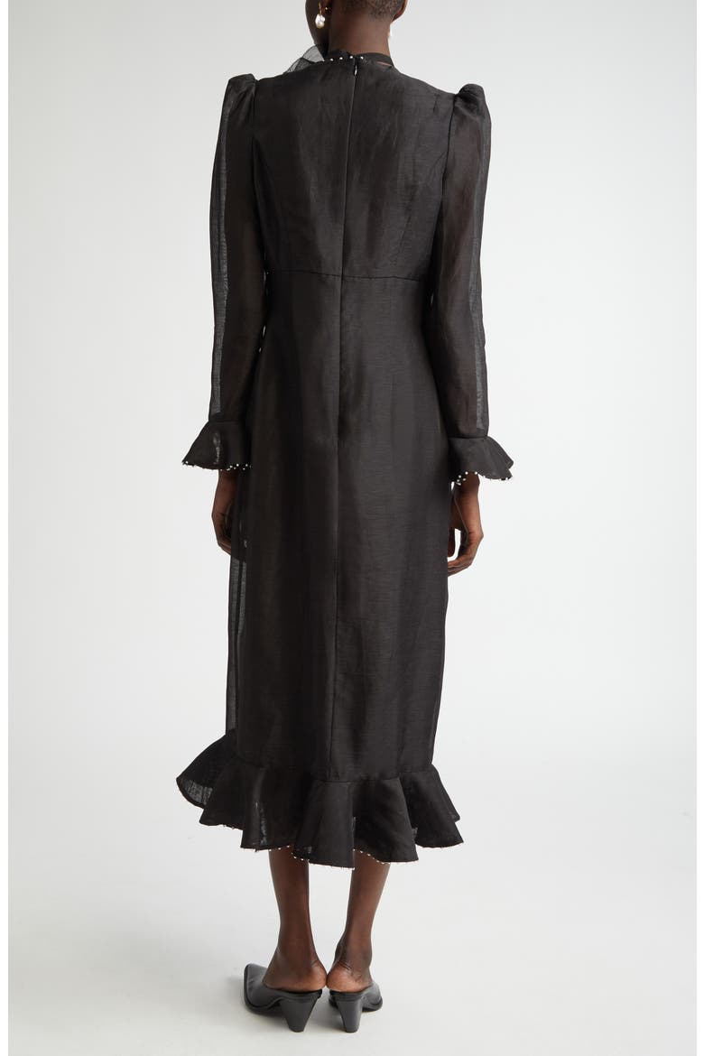 Floral Long Sleeve Organza Midi Dress, Alternate, color, BLACK