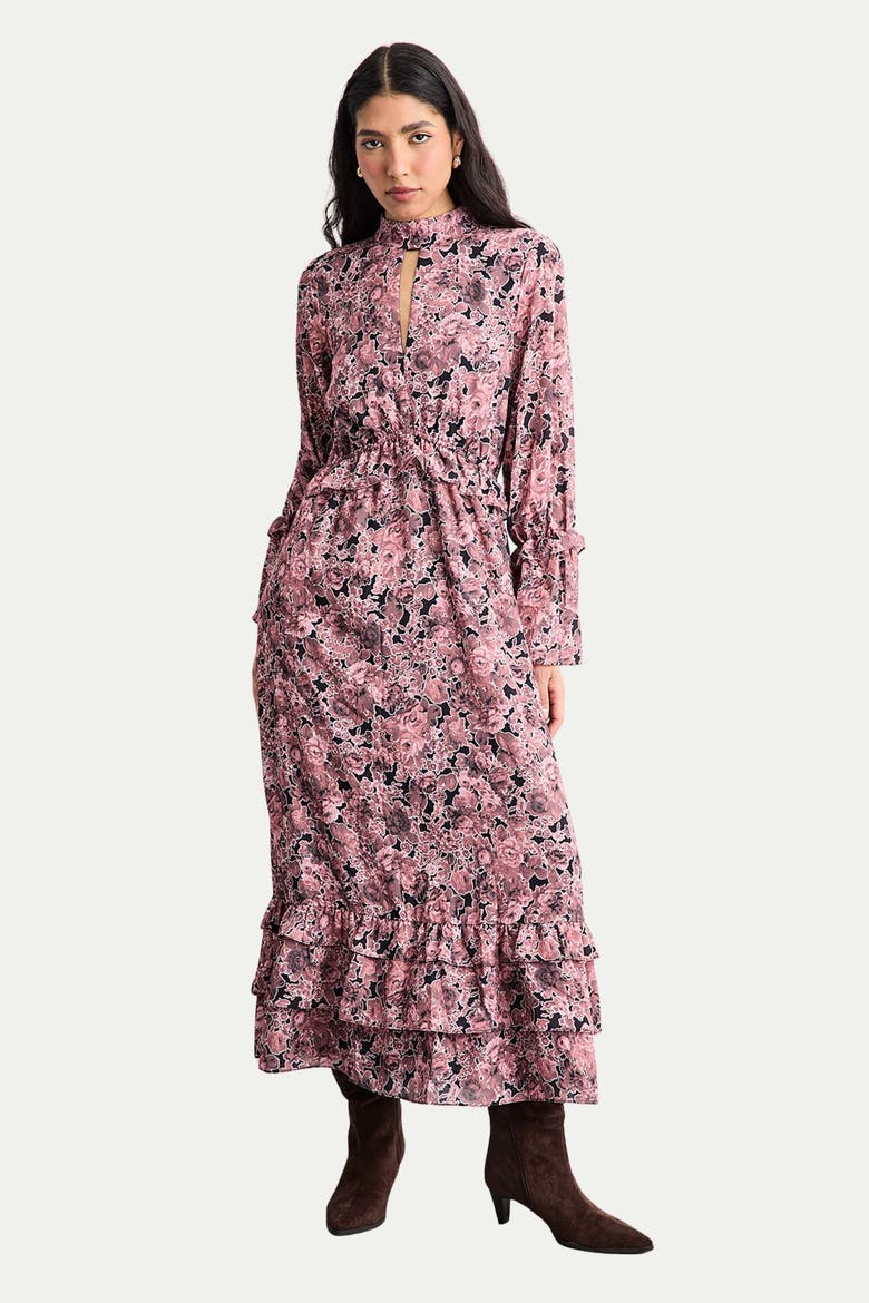 Chiffon Shirred High Neck Midi Dress, Alternate, color, Chocolate