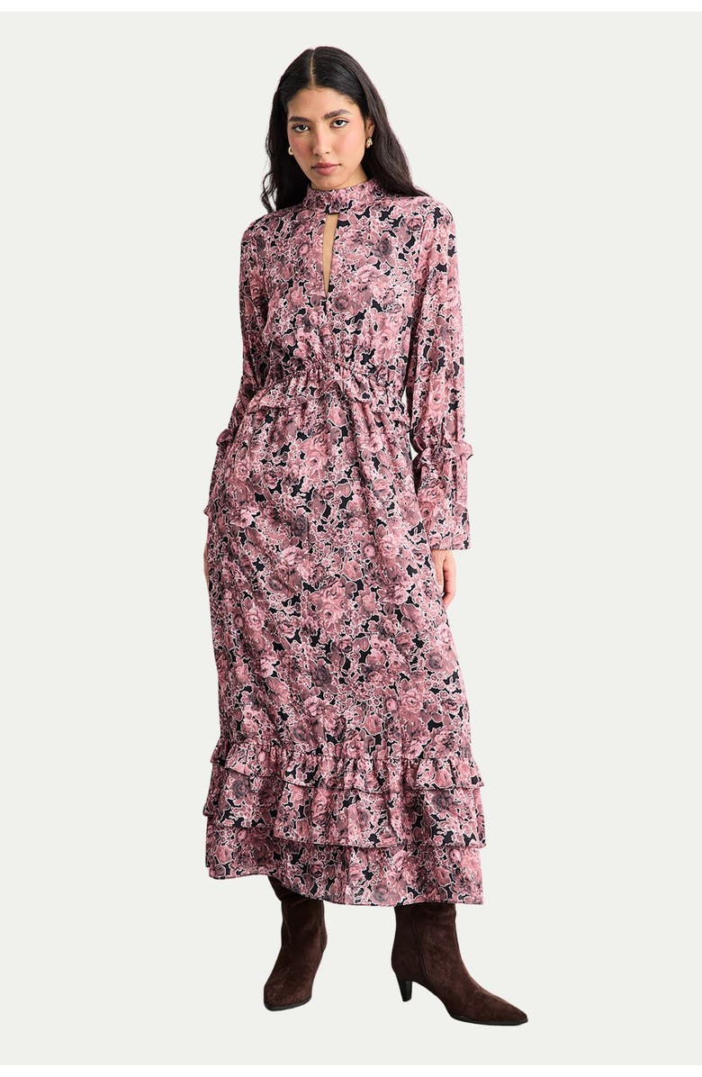 Warehouse Chiffon Shirred High Neck Midi Dress, Alternate, color, Chocolate